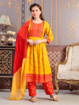 Aarika - Girls Yellow Ethnic Wear Foil Print Rayon Kurta