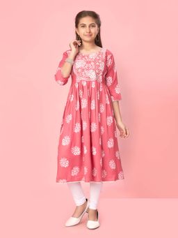Aarika - Girls Peach Cotton Embroidery Anarkali Kurta