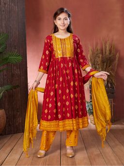 Aarika - Girls Maroon Ethnic Foil Print Sequin Rayon Anarkali Kurta