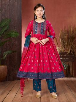 Aarika - Girls Pink Ethnic Foil Print Sequin Rayon Anarkali Kurta