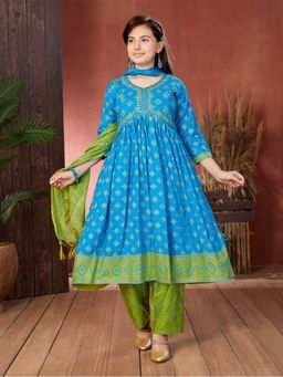 Aarika - Girls Blue Ethnic Wear Foil Print Mirror Embroidery Anarkali Kurta