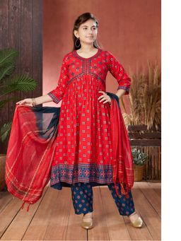 Aarika - Girls Red Ethnic Wear Foil Print Mirror Embroidery Anarkali Kurta