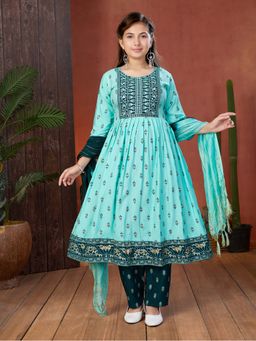 Aarika - Girls Green Ethnic Wear Foil Print Sequin Rayon Anarkali Kurta