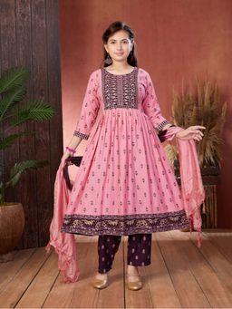 Aarika - Girls Pink Ethnic Wear Foil Print Sequin Rayon Anarkali Kurta