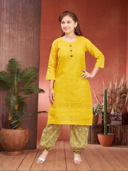 Aarika - Girls Yellow Colour Embroidery Cotton Kurta