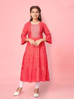 Aarika - Girls Red Cotton Bandhani Printed Kurta