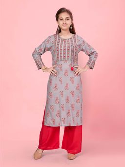 Aarika - Girls Grey Floral Print Kurta