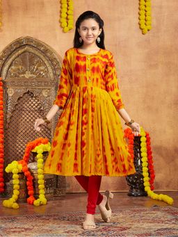 Aarika - Girls Mustard Tie Dye Print Rayon Kurta