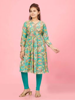 Aarika - Girls Sea Green Printed Silk Kurta