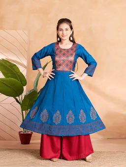 Aarika - Girls Blue Ethnic Wear Abstract Print Anarkali Kurta