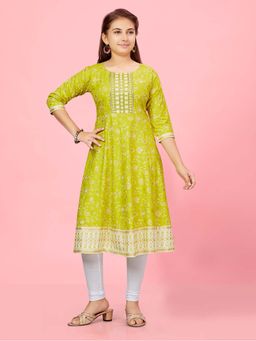 Aarika - Girls Lime Green Floral Cotton Anarkali Kurta