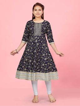 Aarika - Girls Navy Blue Floral Cotton Anarkali Kurta
