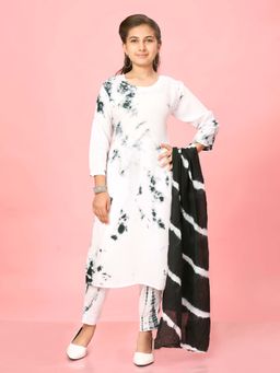 Aarika - Girls White Cotton Tie & Die Print Kurta