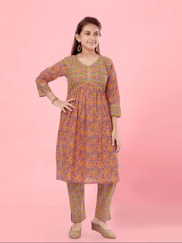Aarika - Girls Peach Ethnic Wear Floral Print Kurta