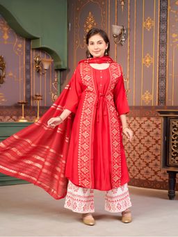 Aarika - Girls Red Ethnic Wear Printed Silk Kurta