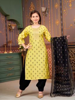 Aarika - Girls Green Foil Print Embroidery Silk Kurta