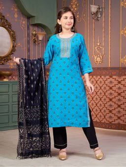 Aarika - Girls Turquoise Foil Print Embroidery Silk Kurta