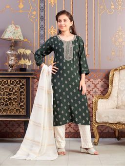 Aarika - Girls Green Foil Print Embroidery Silk Kurta
