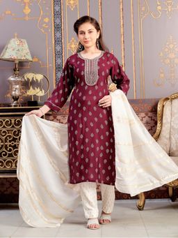 Aarika - Girls Wine Foil Print Embroidery Silk Kurta