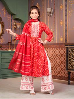 Aarika - Girls Red Ethnic Bandhani Print Embroidey Rayon Kurta