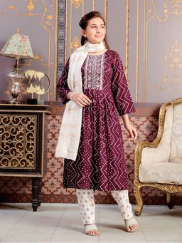 Aarika - Girls Wine Ethnic Bandhani Print Embroidey Rayon Kurta