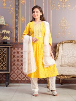 Aarika - Girls Yellow Ethnic Bandhani Print Embroidey Rayon Kurta