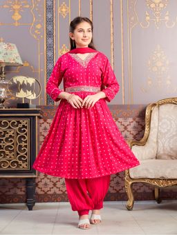 Aarika - Girls Pink Ethnic Wear Foil Print Embroidery Rayon Anarkali Kurta