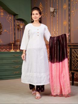 Aarika - Girls White Ethnic Wear Embroidery Cotton Anarkali Kurta