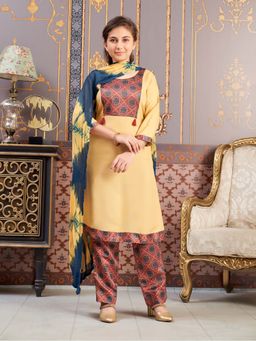 Aarika - Girls Yellow Ethnic Wear Damask Print Rayon Kurta