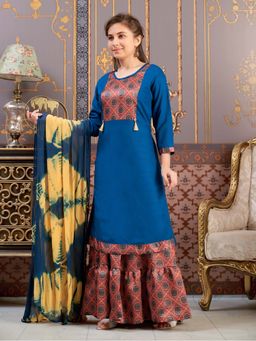 Aarika - Girls Blue Ethnic Wear Damask Print Rayon Kurta
