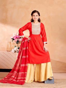 Aarika - Girls Red Ethnic Wear Zari Embroidery Kurta