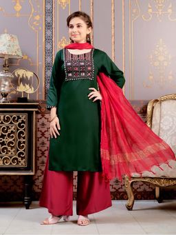 Aarika - Girls Green Ethnic Wear Print Rayon Kurta