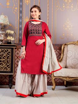 Aarika - Girls Red Ethnic Wear Printed Rayon Kurta