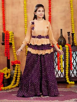 Aarika - Girls Purple Ethnic Wear Foil Print Nylon Choli with Lehenga & Belt