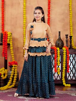 Aarika - Girls Green Ethnic Wear Foil Print Nylon Choli with Lehenga & Belt