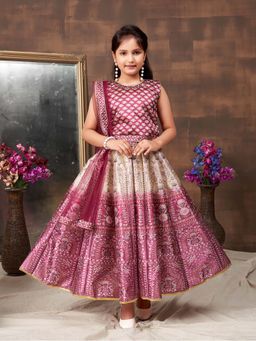 Aarika - Girls Pink Floral Print Embellished Stone Silk Choli with Lehenga & Dupatta