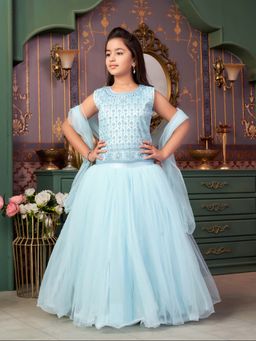 Aarika - Girls Turquoise Ethnic Mirror Embroidery Choli with Lehenga & Dupatta