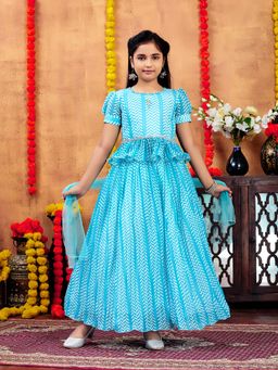 Aarika - Girls Turquoise Printed Georgette Choli with Lehenga & Dupatta
