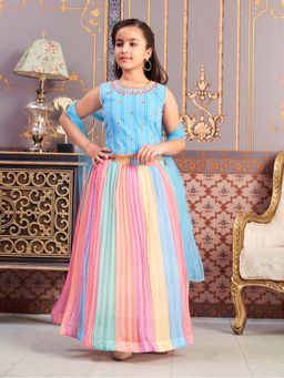 Aarika - Girls Turquoise Beads Hand Embroidery Georgette Choli with Lehenga & Dupatta