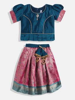 Aarika - Girls Teal Ethnic Woven Silk Choli with Lehenga & Dupatta