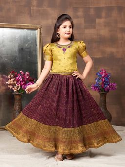 Aarika - Girls Mustard Hand Embroidery Brocade Choli with Lehenga