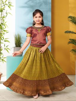 Aarika - Girls Maroon Hand Embroidery Brocade Choli with Lehenga
