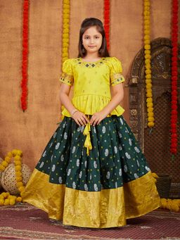 Aarika - Girls Yellow Zari Thread Embroidery Silk Choli with Lehenga