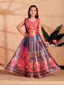 Aarika - Girls Red Floral Print Embellished Choli with Lehenga & Dupatta