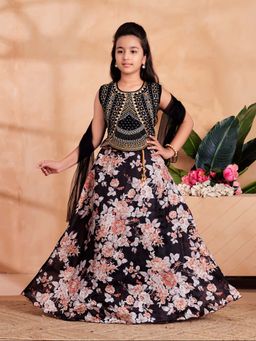 Aarika - Girls Black Ethnic Floral Print Embroidery Choli with Lehenga & Dupatta