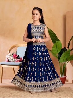 Aarika - Girls Blue Thread Embroidery Choli with Lehenga & Dupatta