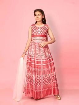 Aarika - Girls Peach Printed Silk Printed Choli with Lehenga & Dupatta
