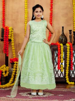 Aarika - Girls Green Thread Embroidery Choli with Lehenga & Dupatta