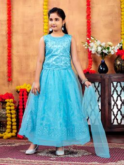 Aarika - Girls Turquoise Thread Embroidery Choli with Lehenga & Dupatta