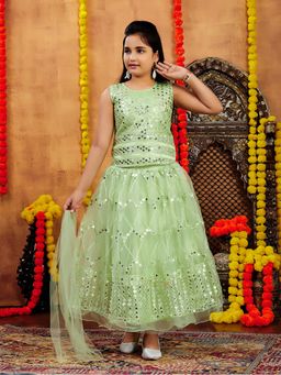 Aarika - Girls Green Embroidery Net Choli with Lehenga & Dupatta